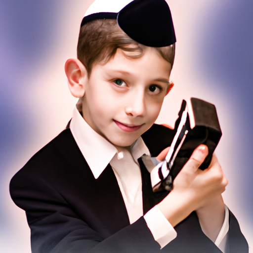 צילום של נער צעיר מניח תפילין במהלך בר המצווה שלו.